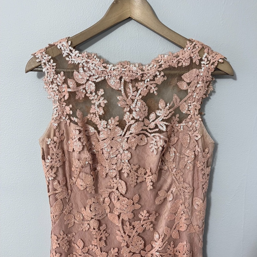 Tadashi Shoji Dress 6 Antique Pink Sheath Paillette Embroidered Lace Cocktail - Picture 3 of 12